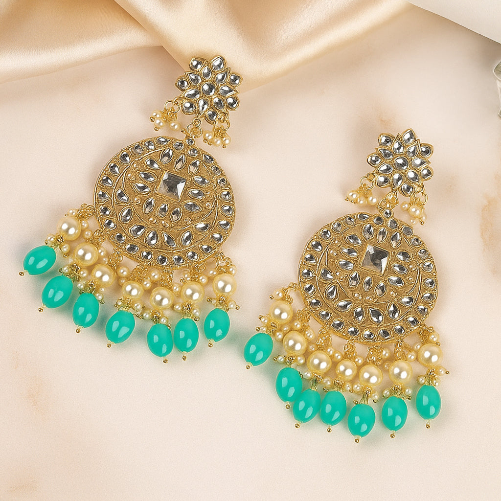 Gold Plated Traditional Sky Blue Kundan & Pearl Earring