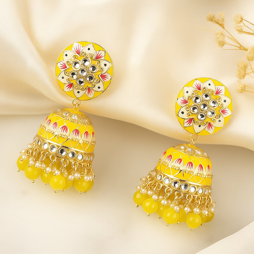 Yellow Gold Toned Traditional Jhumka Earrings