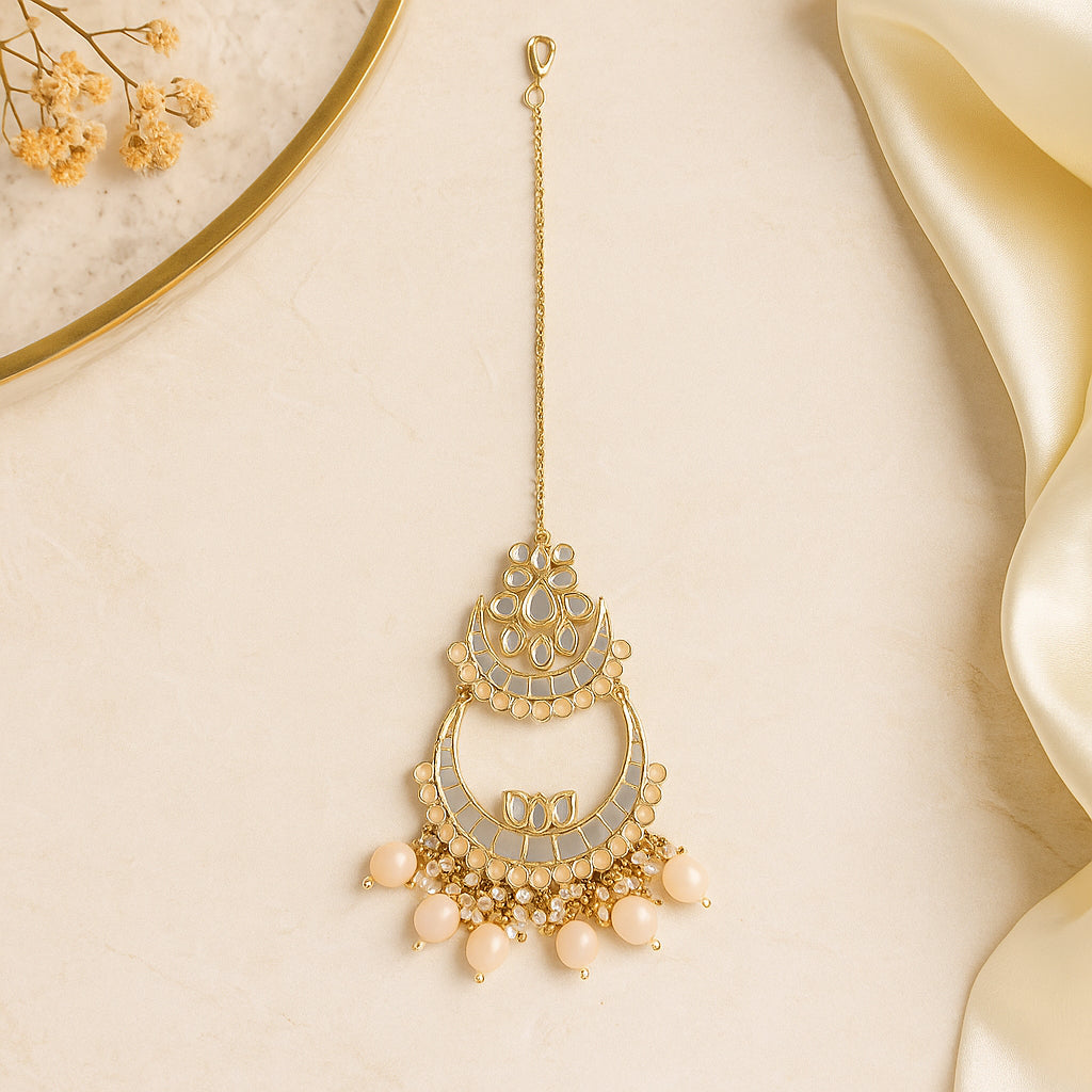 Bridal Light Pink Earrings With Maang Tikka