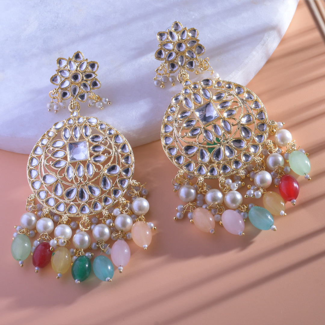 Gold Plated Traditional Multicolour Kundan & Pearl Earring