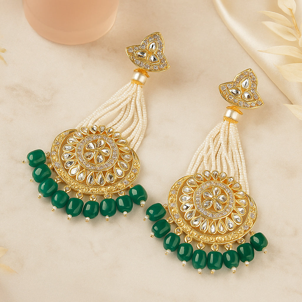 Gold-Plated Dark Green Chandbali Kundan Pearl Earrings