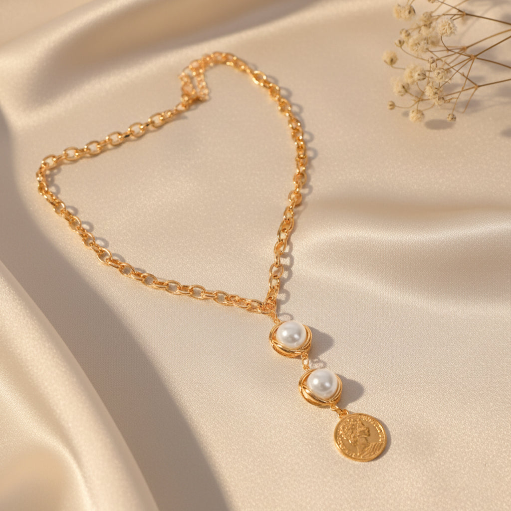 Pearl And Ancient Coin Attached Drop Necklace