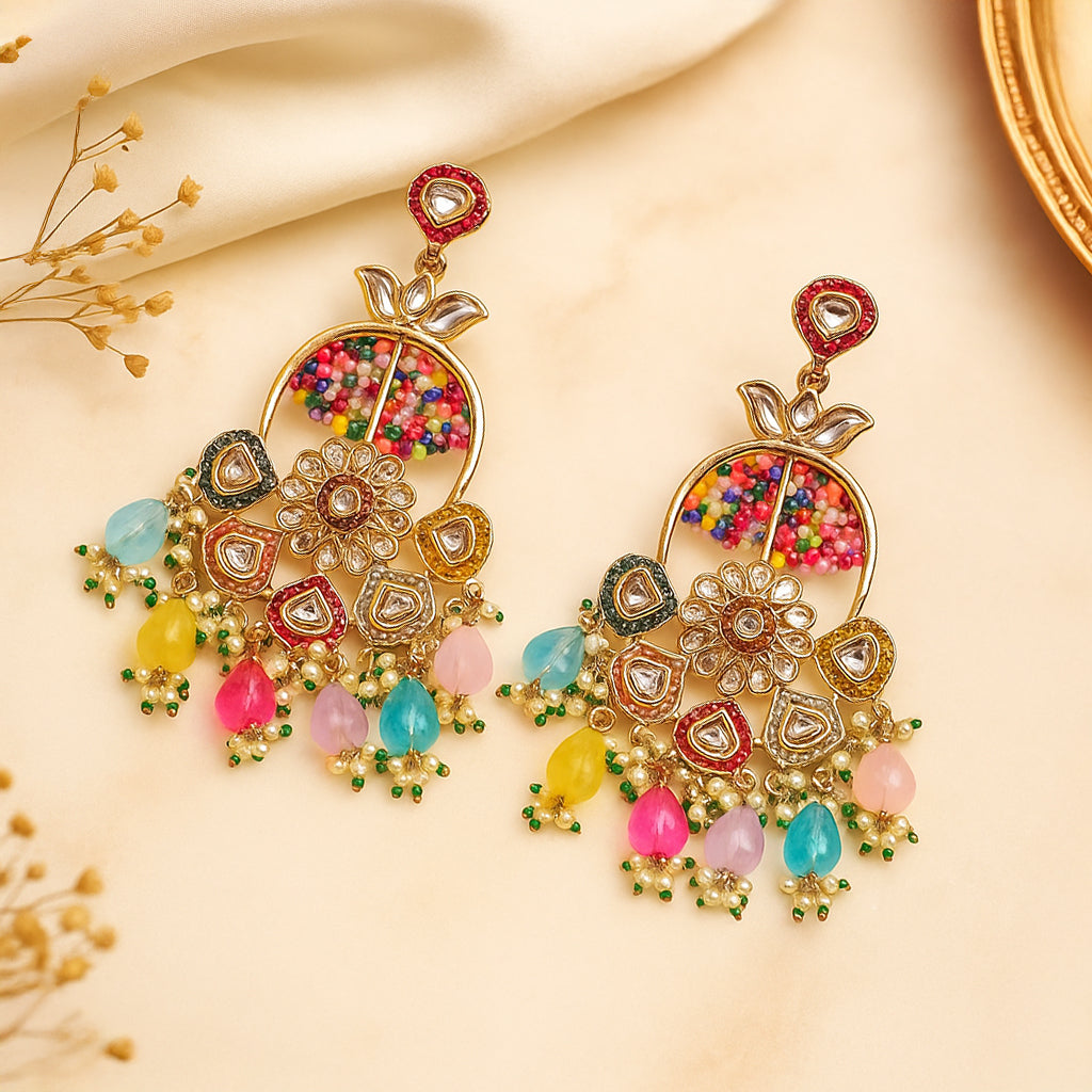 Gold Finish Kundan Polki & Multi Colored Stone Earrings