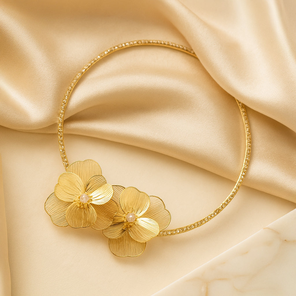 Shimmering Petals - Rhinestone Choker & Stud Earrings Set