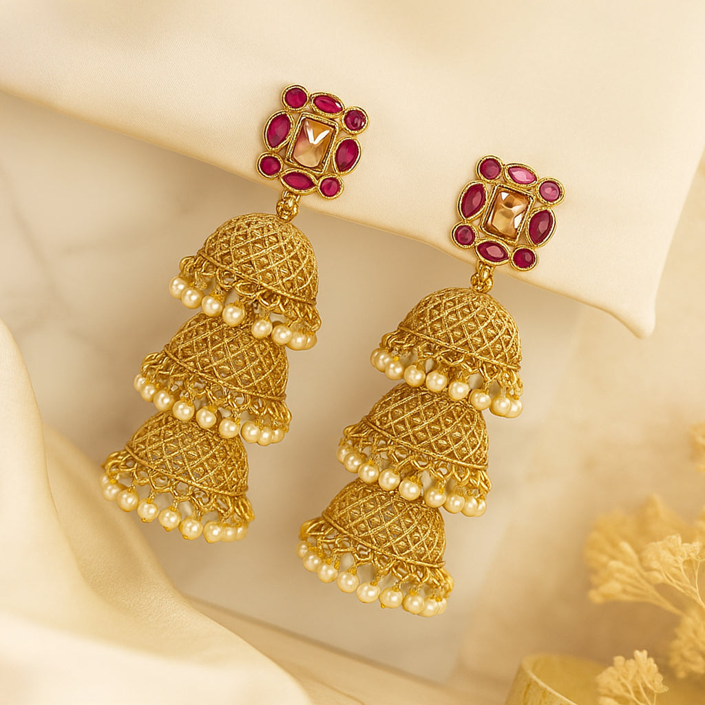 Three Layer Gold Pink Stone Studs Jhumka Earring