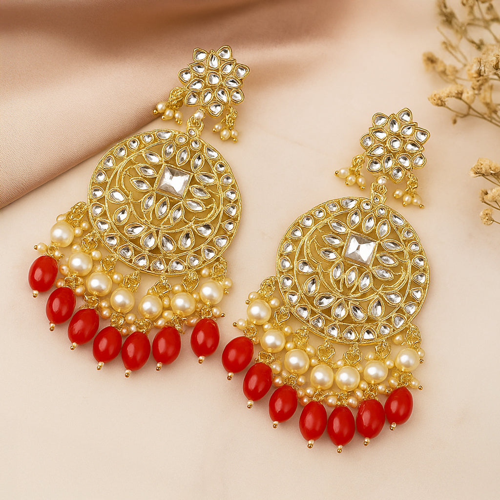 Gold Plated Traditional Red Kundan & Pearl Earring