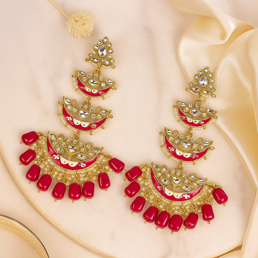 Gold Plated Red Chandbali Drop Earrings