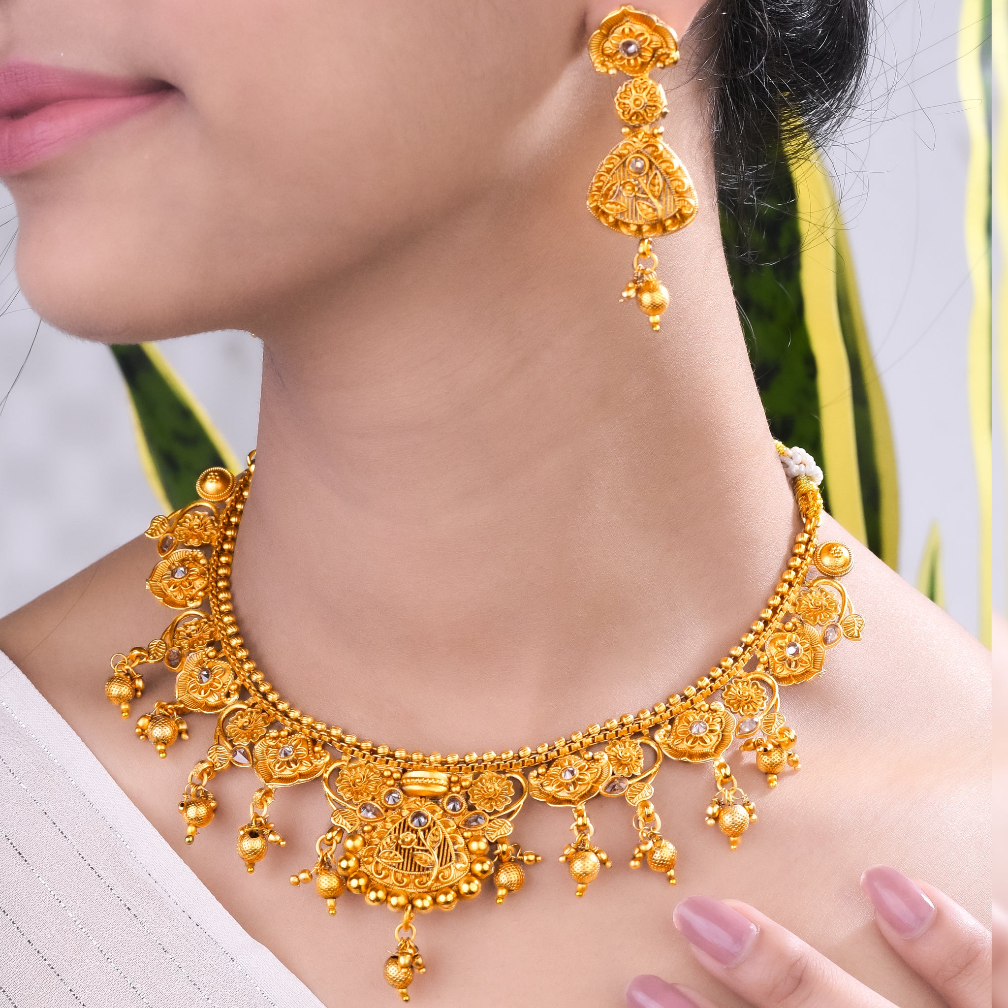 Rajwadi Gold-Plated White Stone Necklace Set