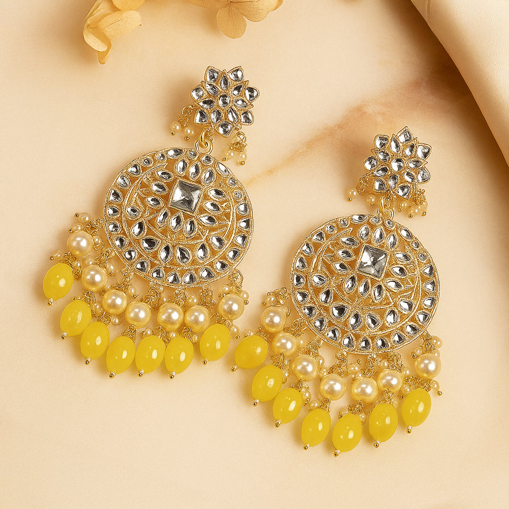 Gold Plated Traditional Yellow Kundan & Pearl Earring