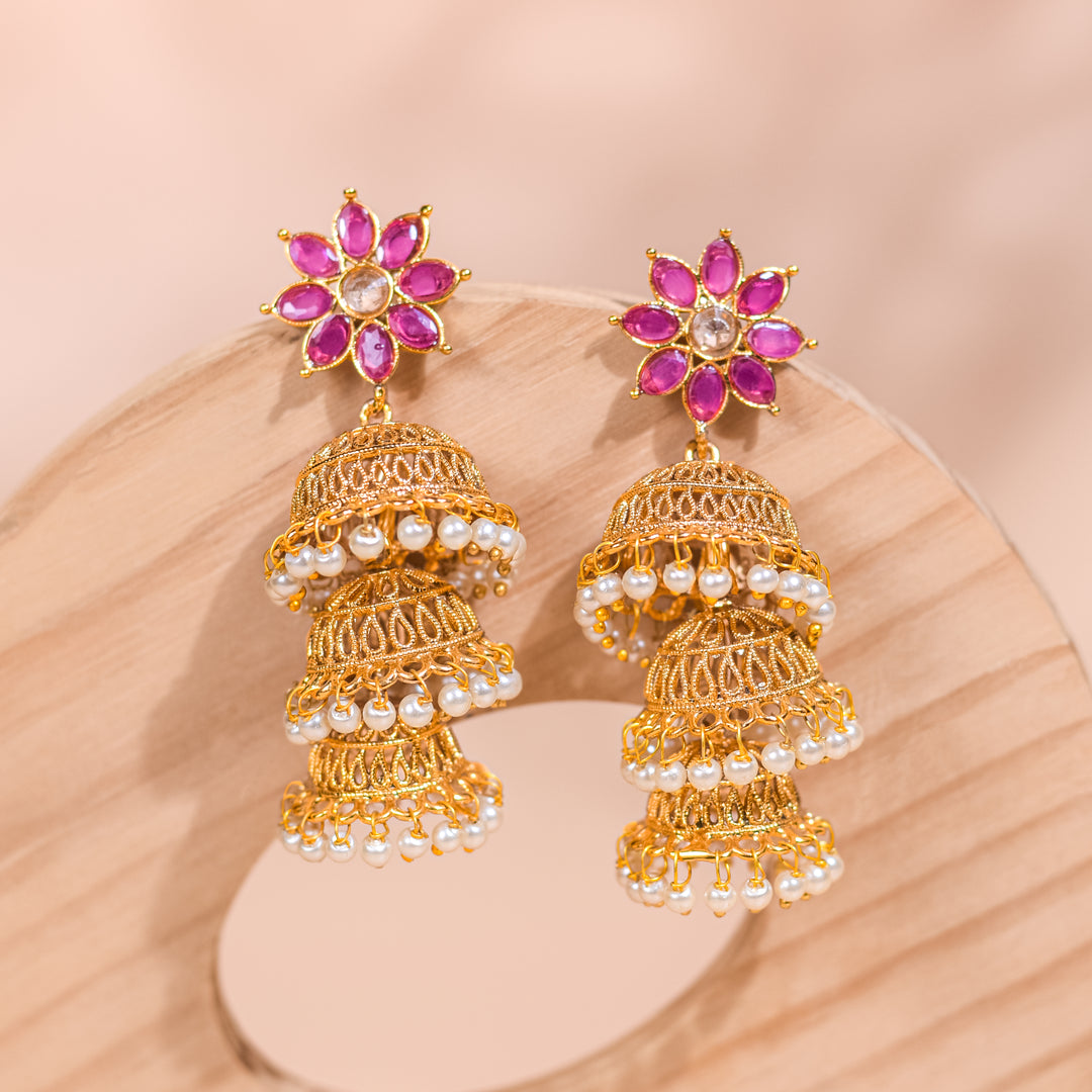 Three Layer Gold Pink Stone Studs Jhumka Earring