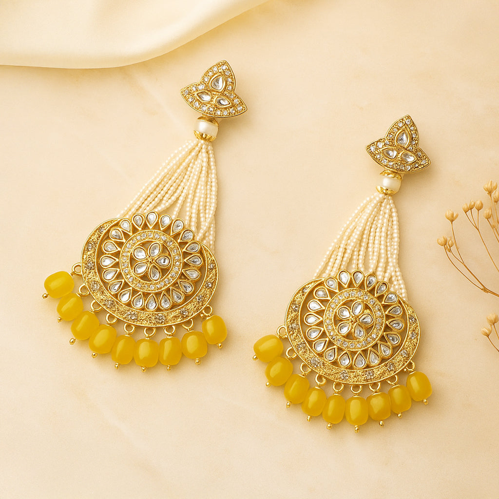 Gold-Plated Yellow Chandbali Kundan Pearl Earrings