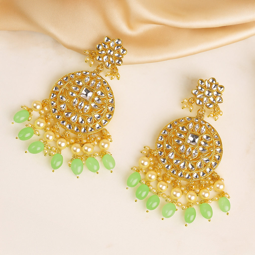 Gold Plated Traditional Mint Green Kundan & Pearl Earring