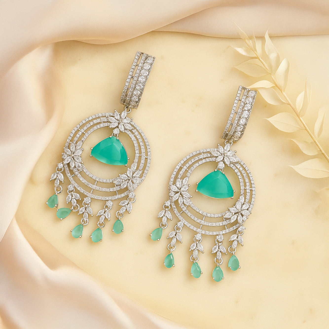 Elegance Mint Green and White Gems Earrings