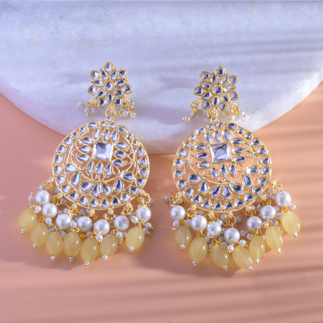 Gold Plated Traditional Yellow Kundan & Pearl Earring