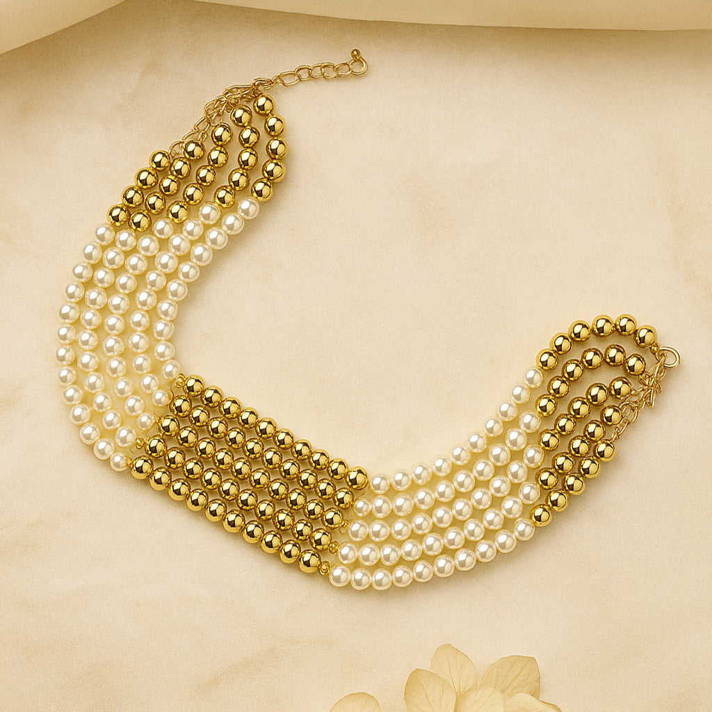 White n' Gold - Two-toned Layered Bead Necklace