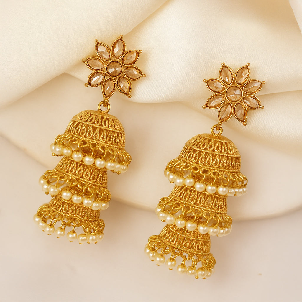 Three Layer Gold White Stone Studs Jhumka Earring