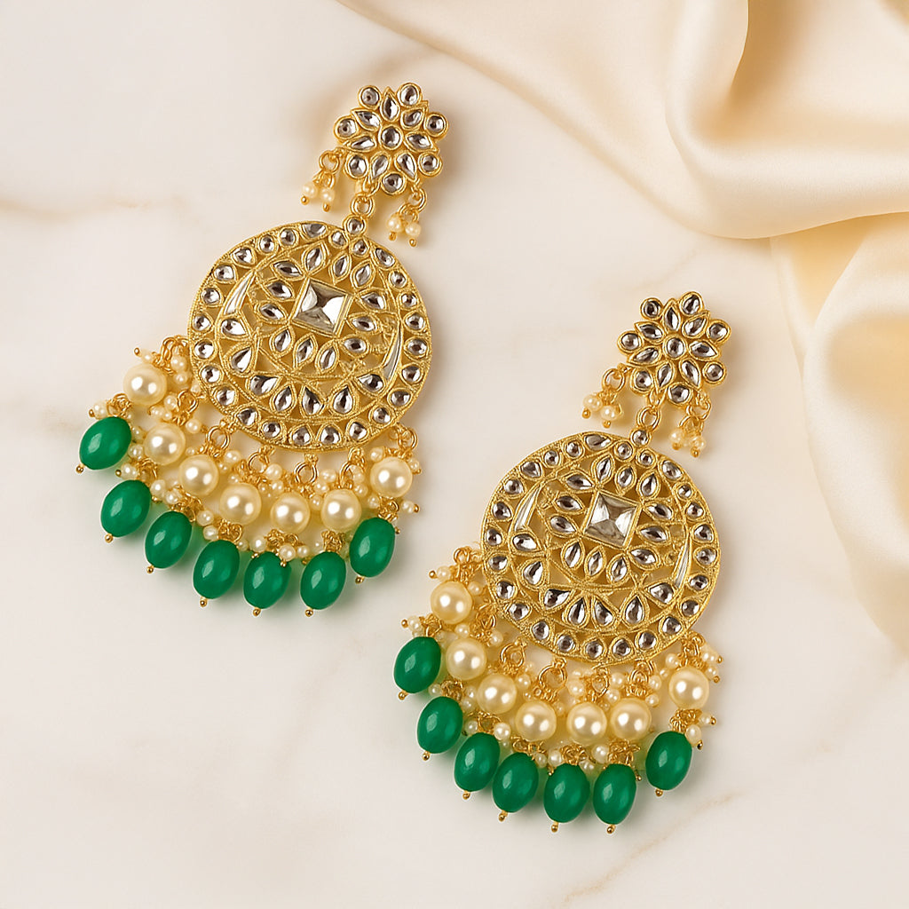 Gold Plated Traditional Green Kundan & Pearl Earring