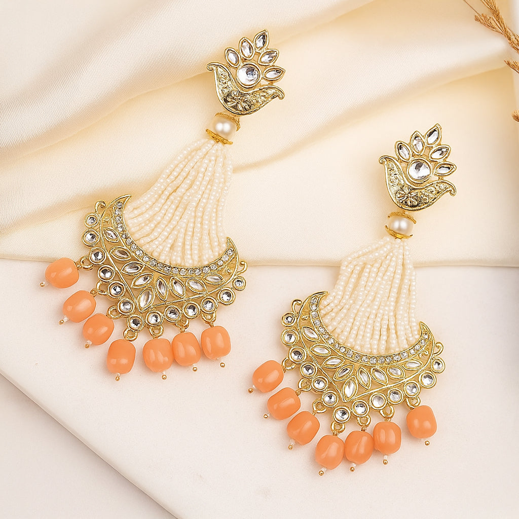 Traditional Kundan Peach Pearl Drop Earrings