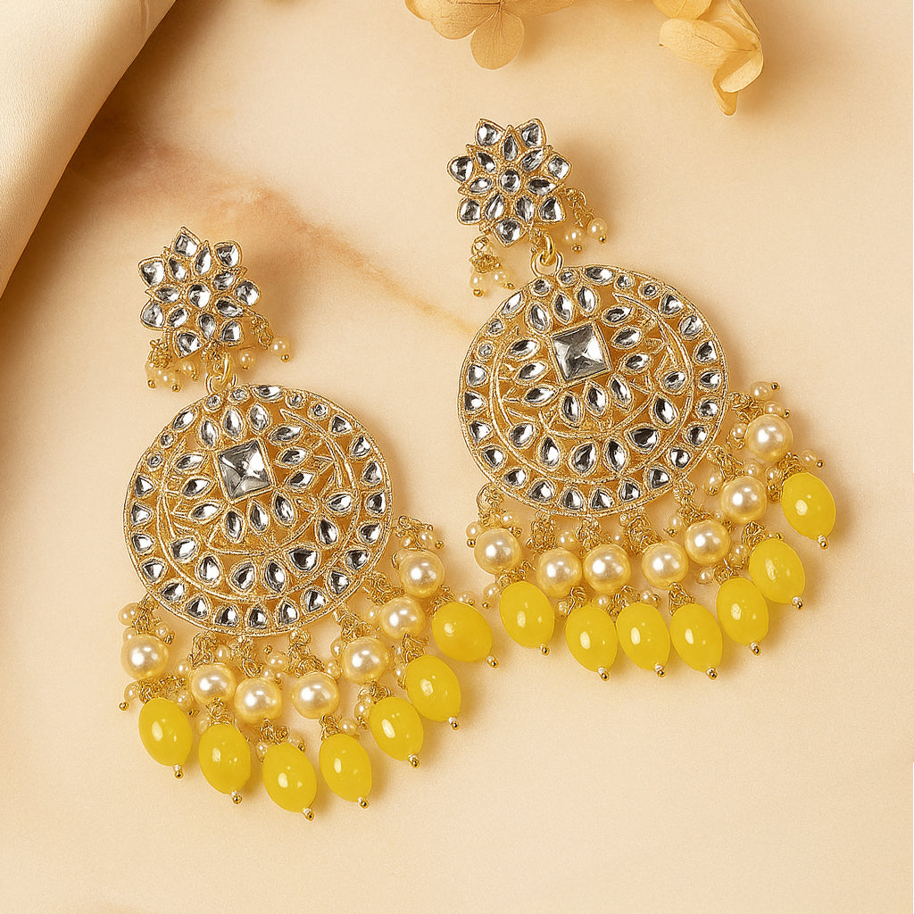 Gold Plated Traditional Yellow Kundan & Pearl Earring