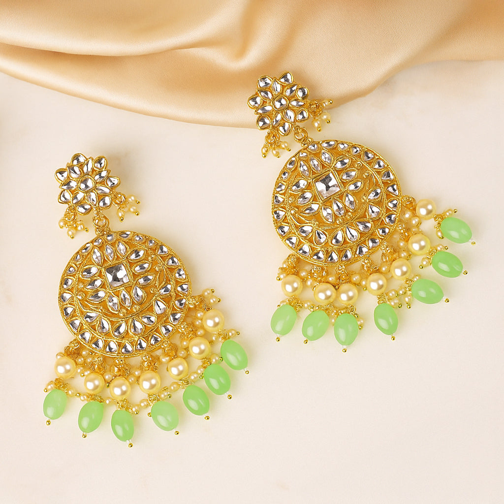 Gold Plated Traditional Mint Green Kundan & Pearl Earring