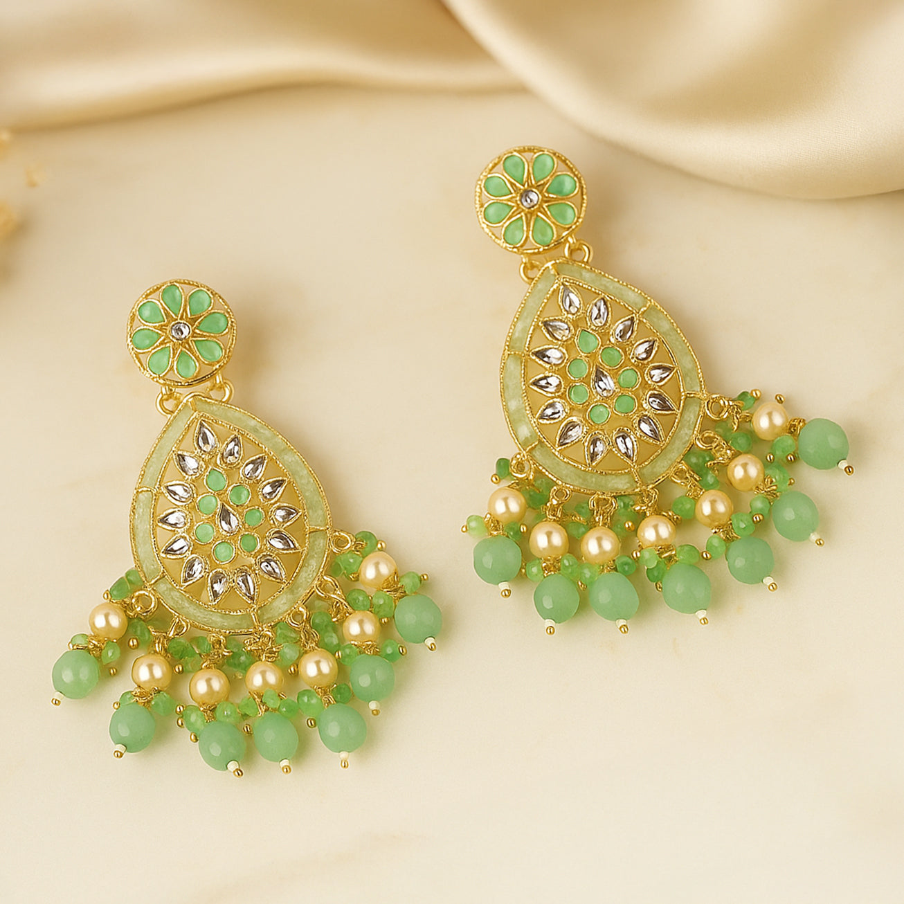 Traditional Kundan & Mint Green stones Earring