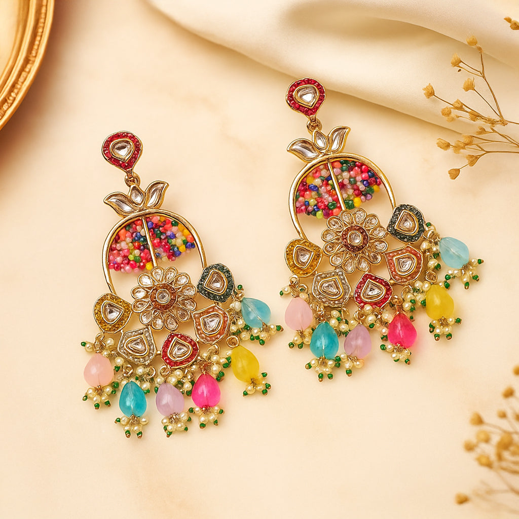 Gold Finish Kundan Polki & Multi Colored Stone Earrings