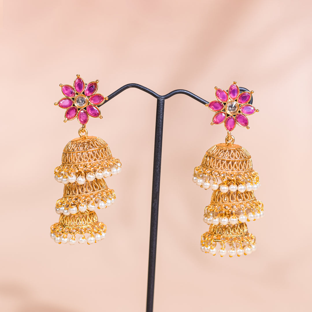 Three Layer Gold Pink Stone Studs Jhumka Earring