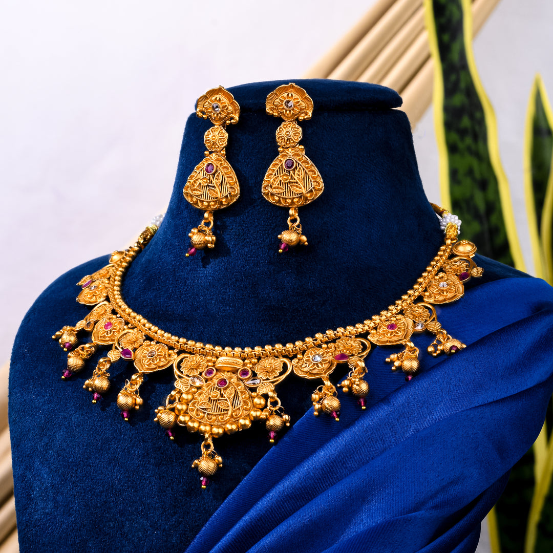 Rajwadi Gold-Plated Pink Stone Necklace Set