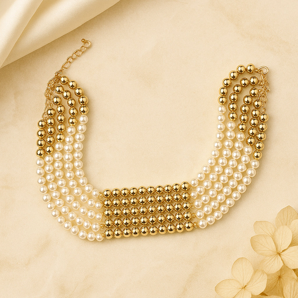 White n' Gold - Two-toned Layered Bead Necklace