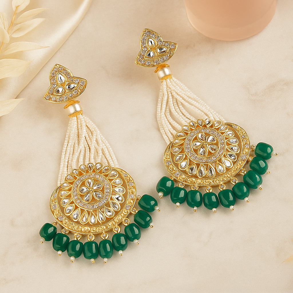 Gold-Plated Dark Green Chandbali Kundan Pearl Earrings