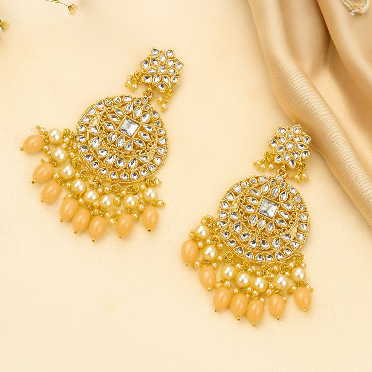 Gold Plated Traditional Light Pink Kundan & Pearl Earring