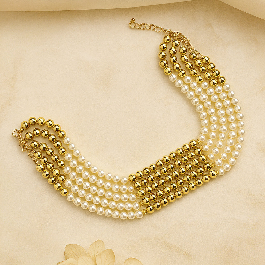 White n' Gold - Two-toned Layered Bead Necklace