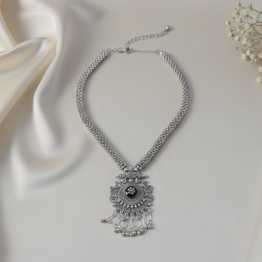 Silver Oxidised Floral Shaped Long Necklace