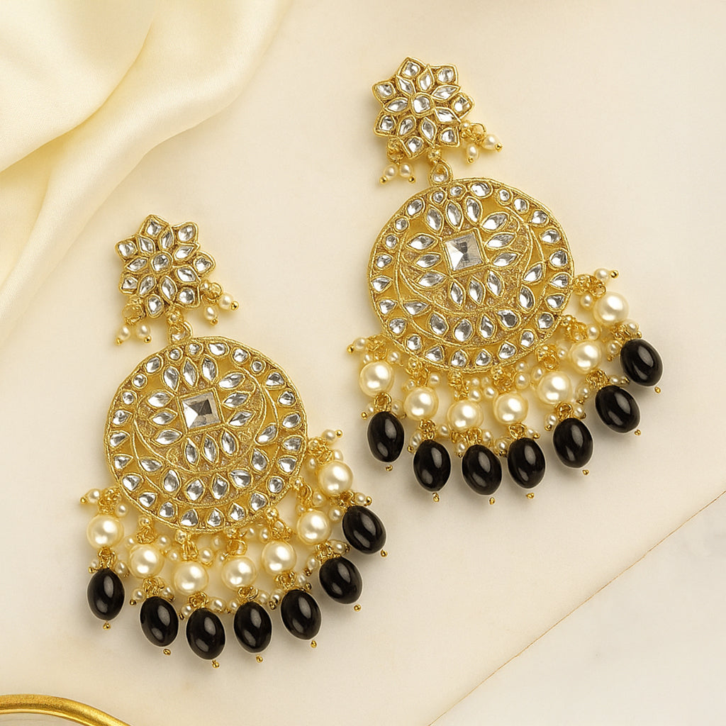 Gold Plated Traditional Black Kundan & Pearl Earring