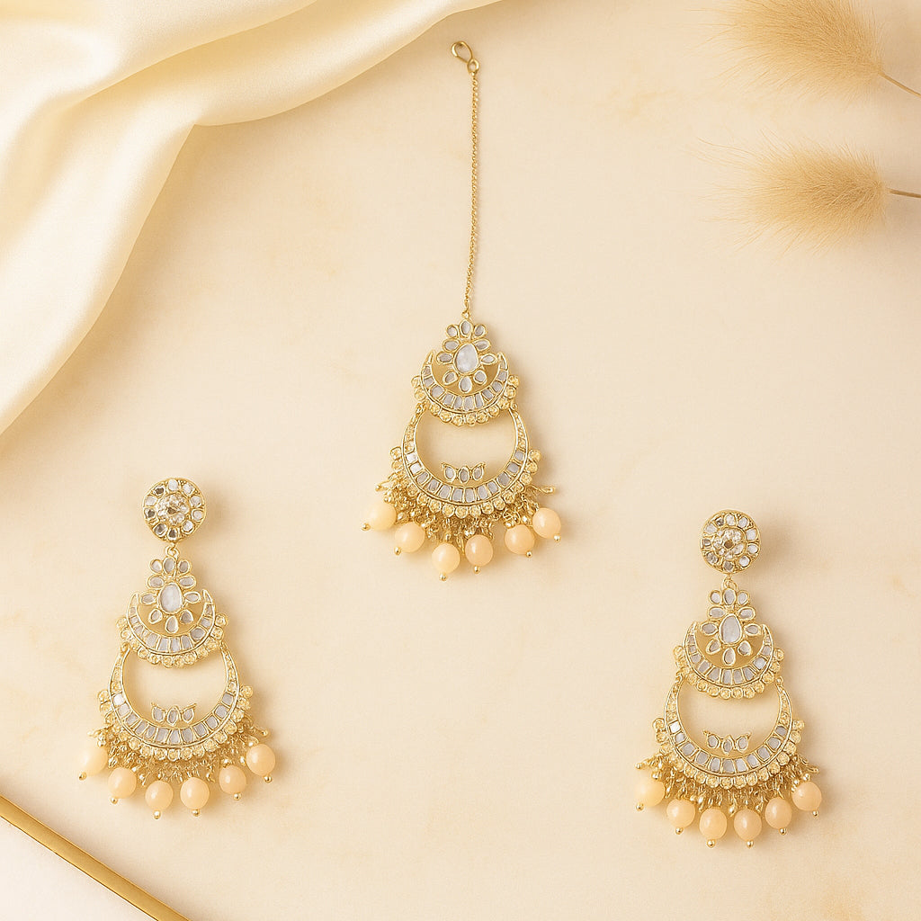 Bridal Light Pink Earrings With Maang Tikka