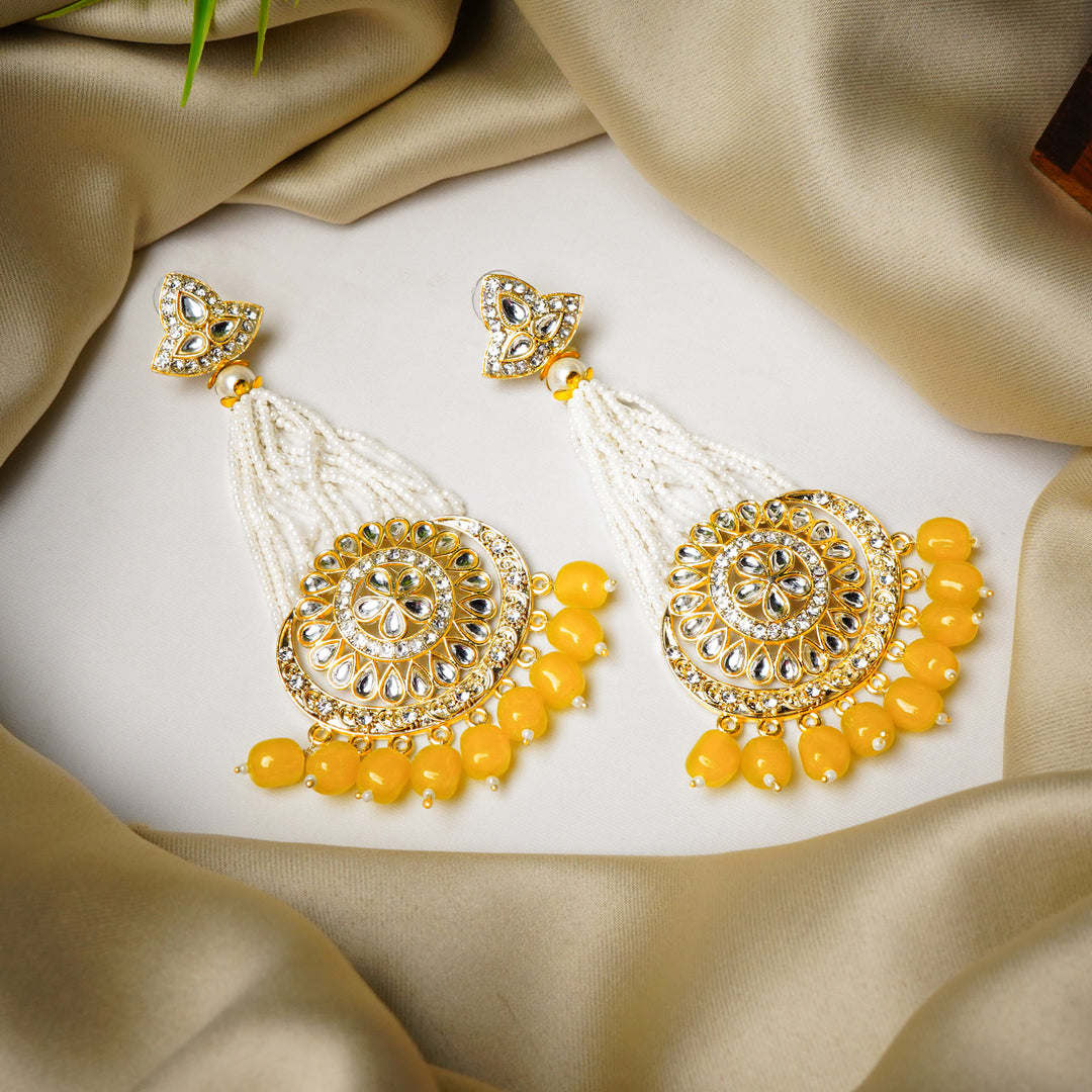 Gold-Plated Yellow Chandbali Kundan Pearl Earrings