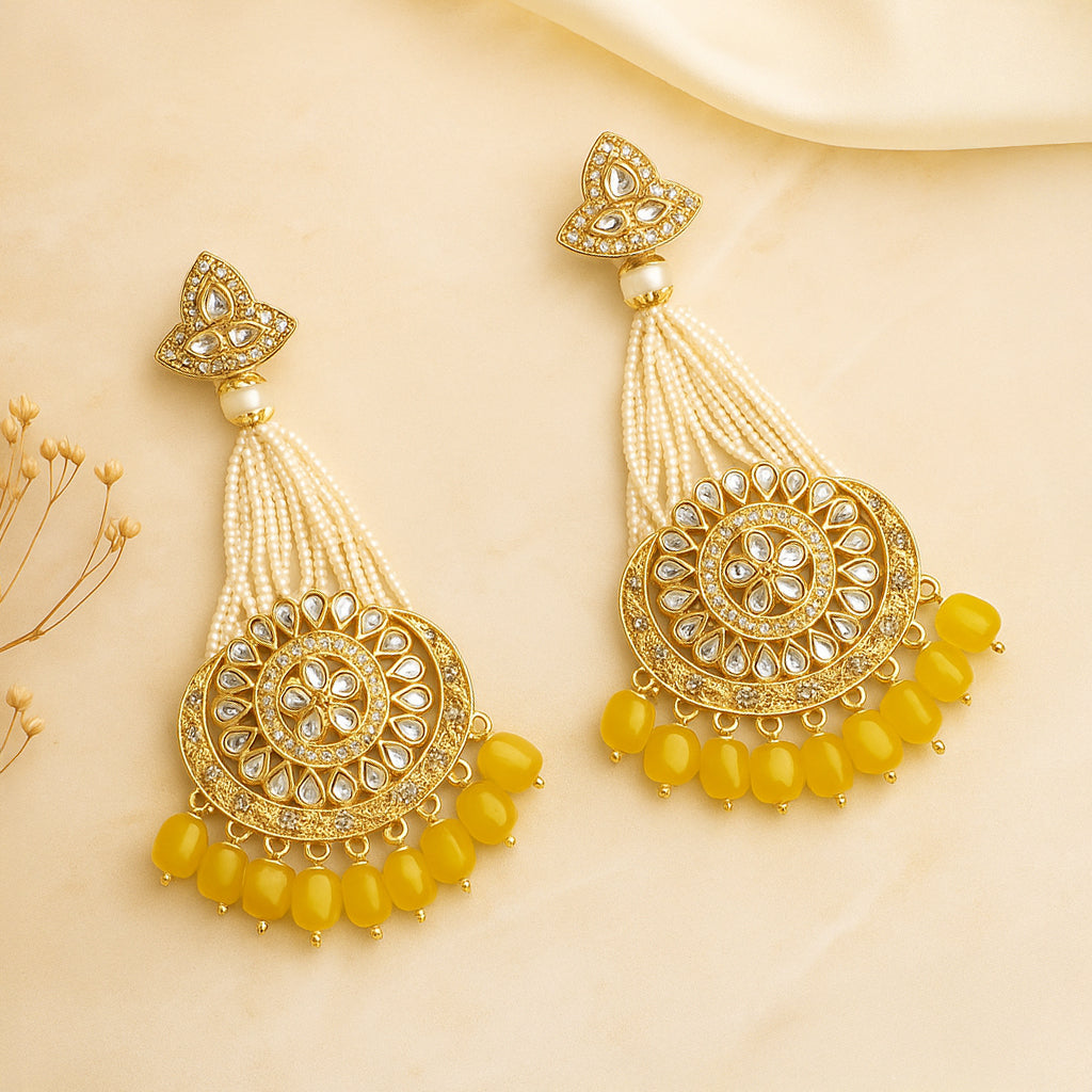Gold-Plated Yellow Chandbali Kundan Pearl Earrings