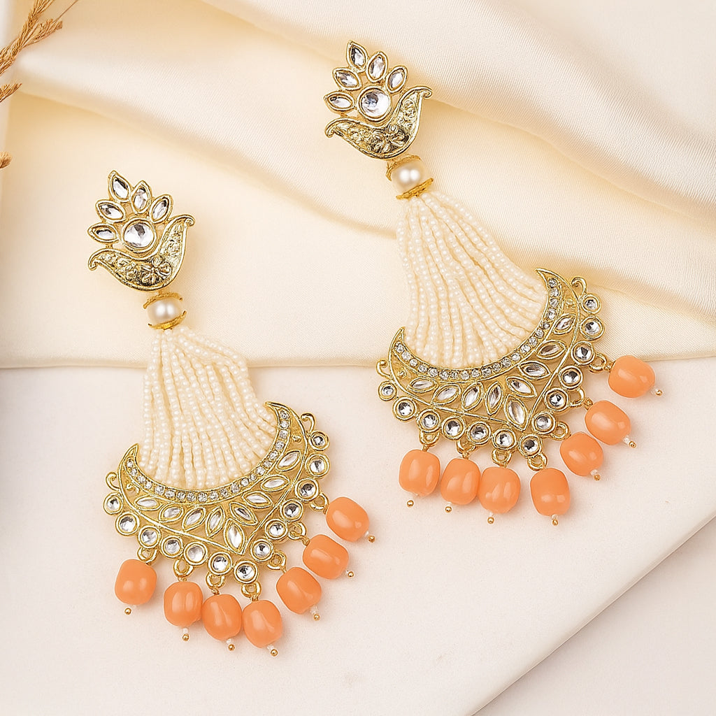 Traditional Kundan Peach Pearl Drop Earrings