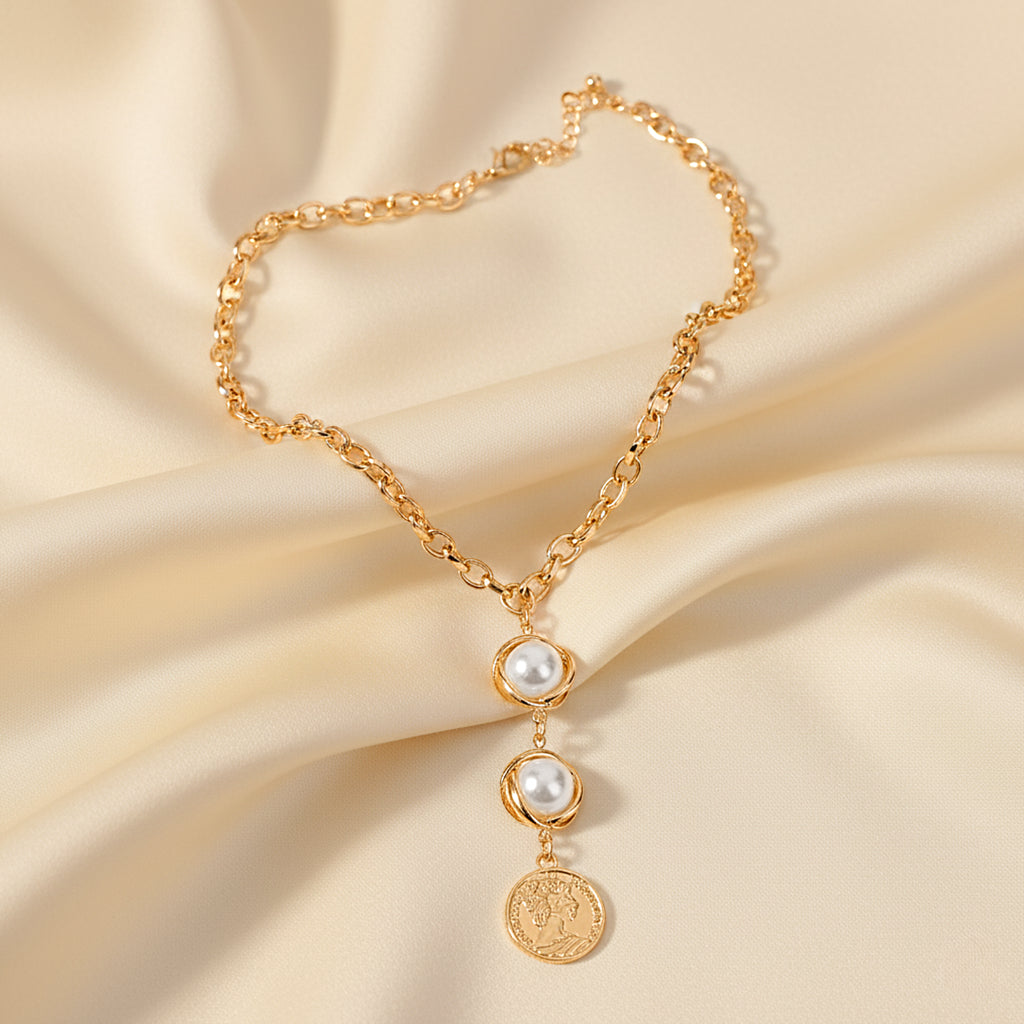 Pearl And Ancient Coin Attached Drop Necklace