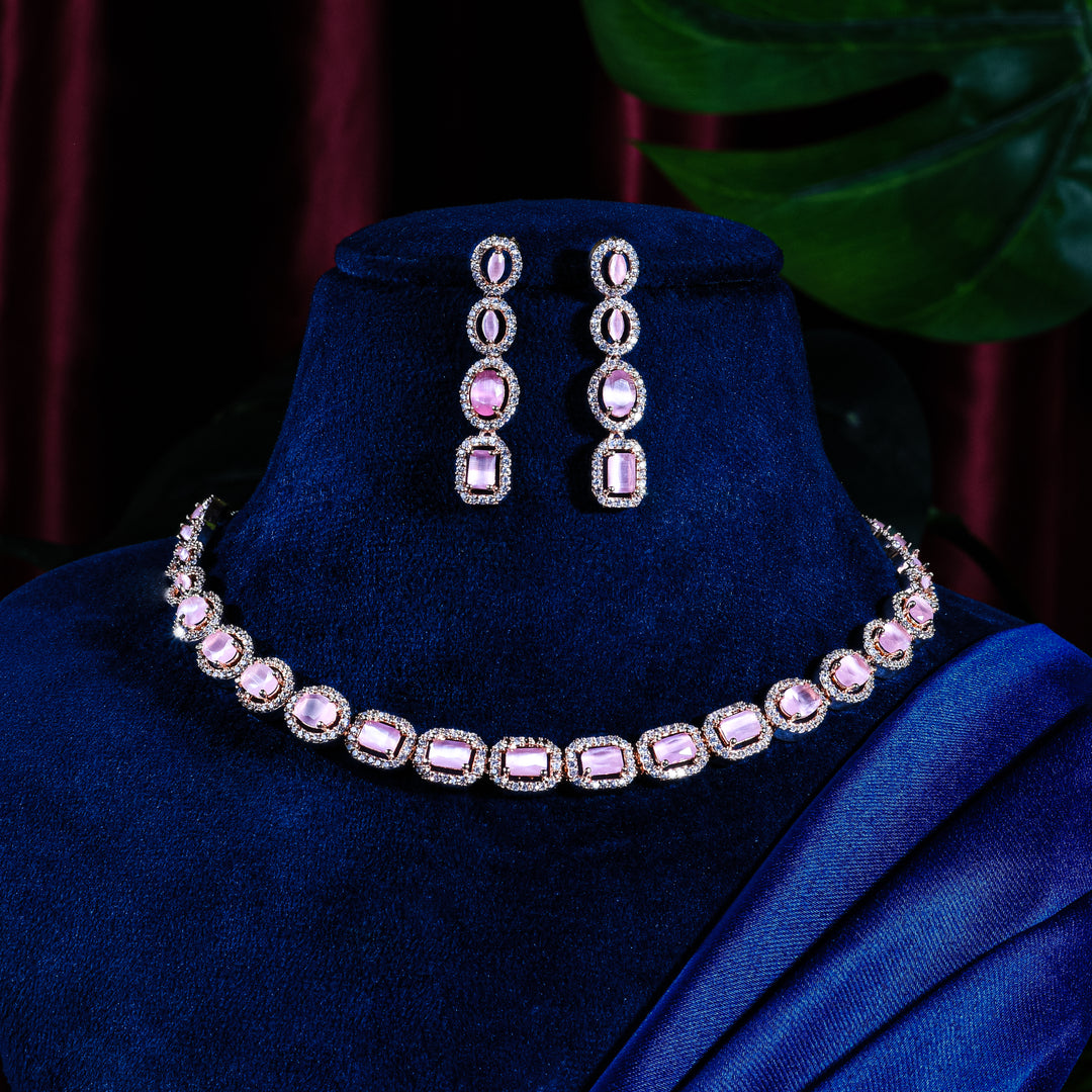 Silver Toned Pink AD-Studded Necklace Set