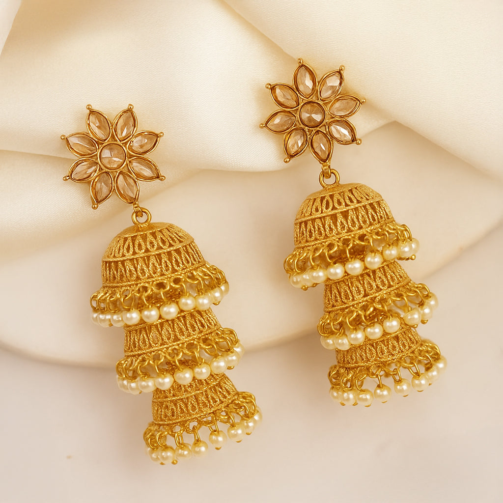 Three Layer Gold White Stone Studs Jhumka Earring