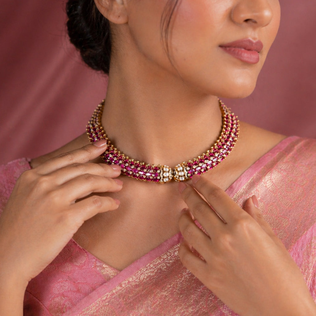 Rajasthani Pink Polki Hasli Set