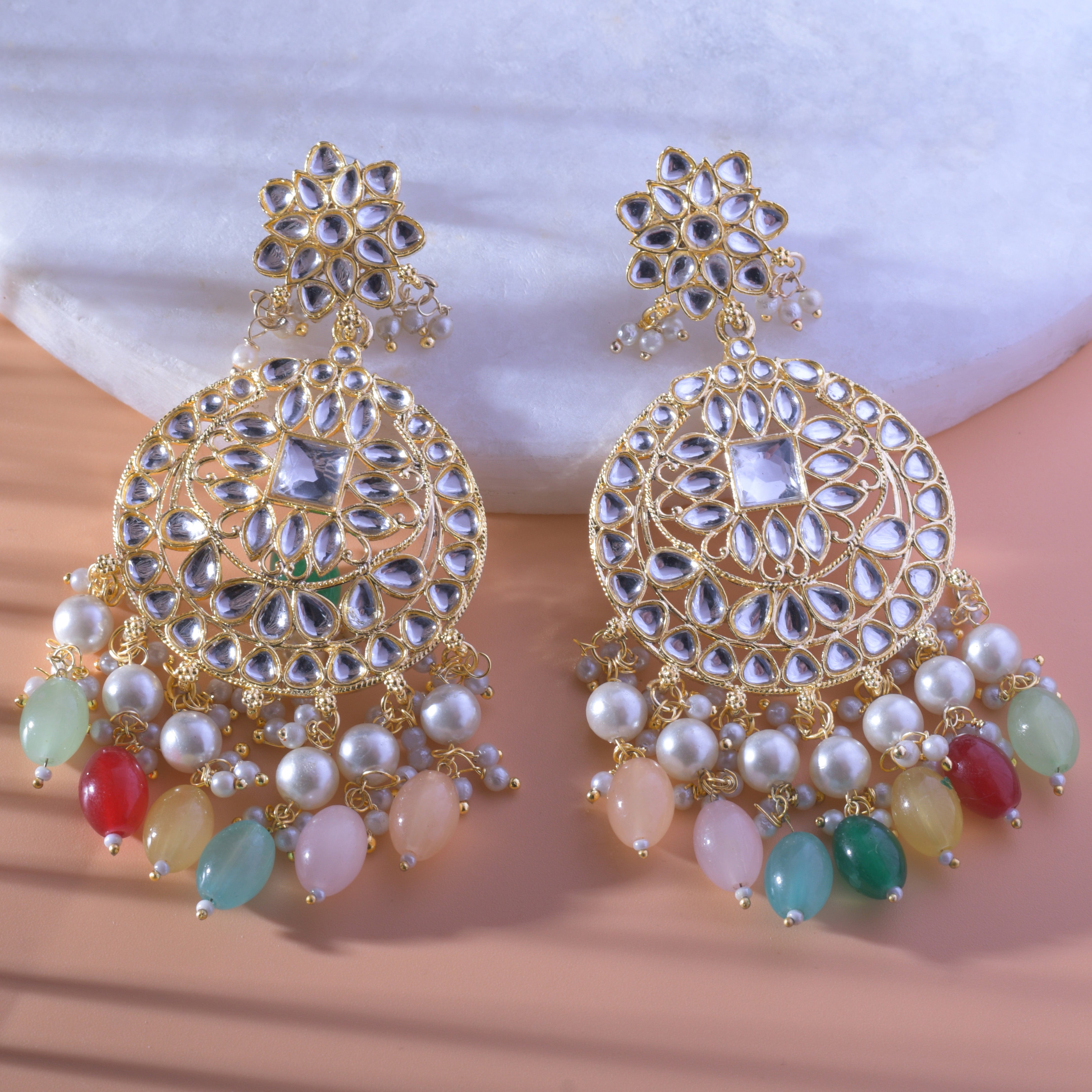 Gold Plated Traditional Multicolour Kundan & Pearl Earring