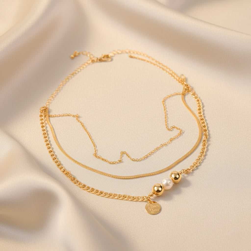 Glossy Gold Three Layer Chain Necklace With Pearl
