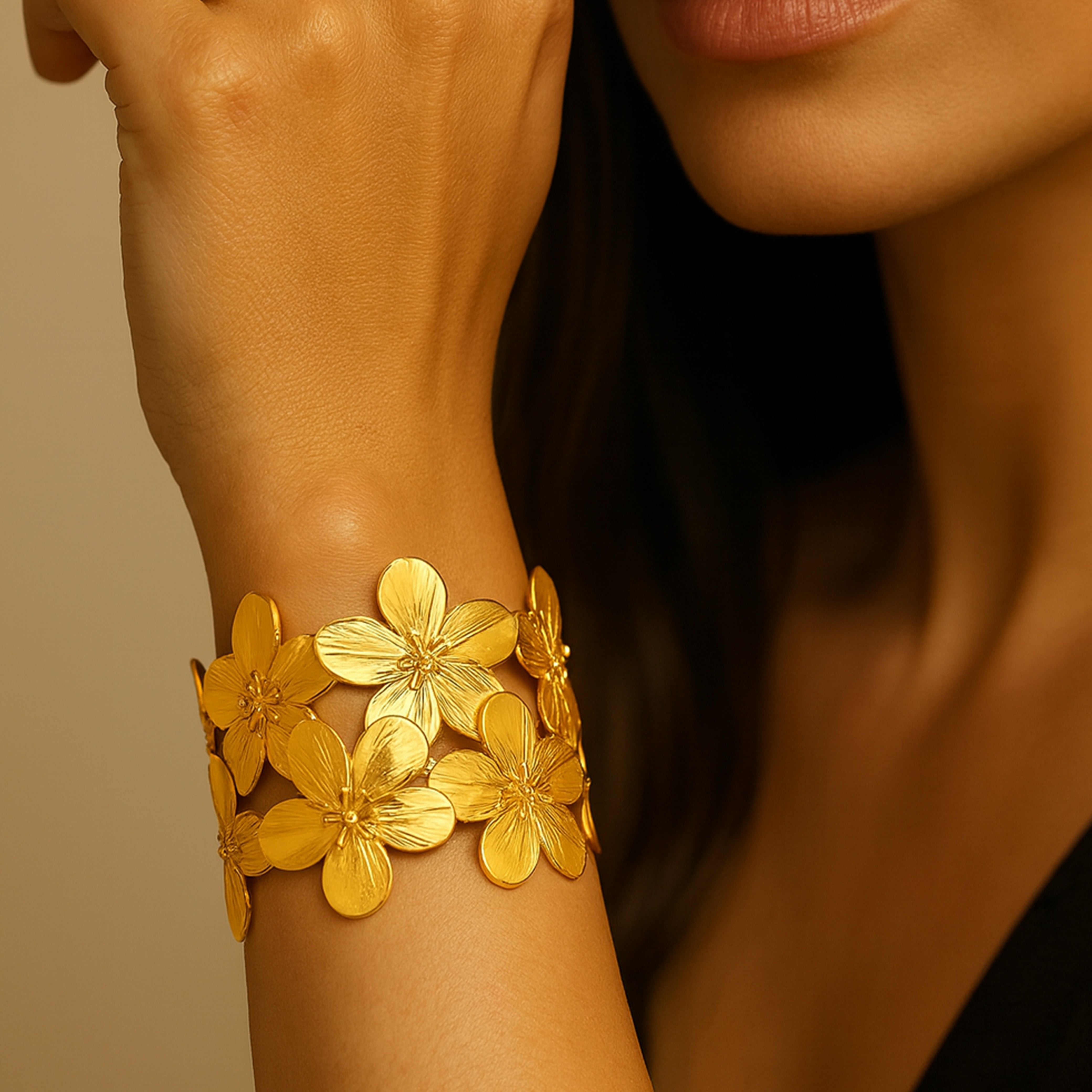 Floral Golden Statement Cuff Bracelet