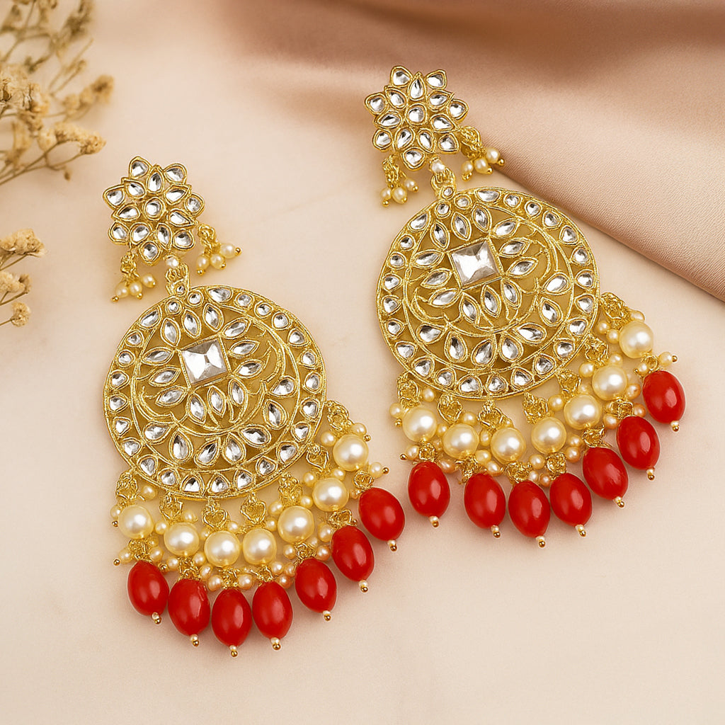 Gold Plated Traditional Red Kundan & Pearl Earring