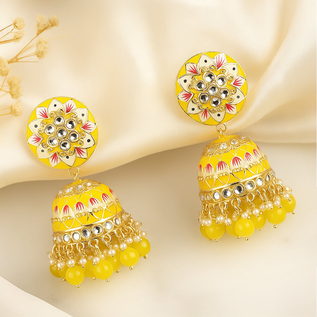 Yellow Gold Toned Traditional Jhumka Earrings