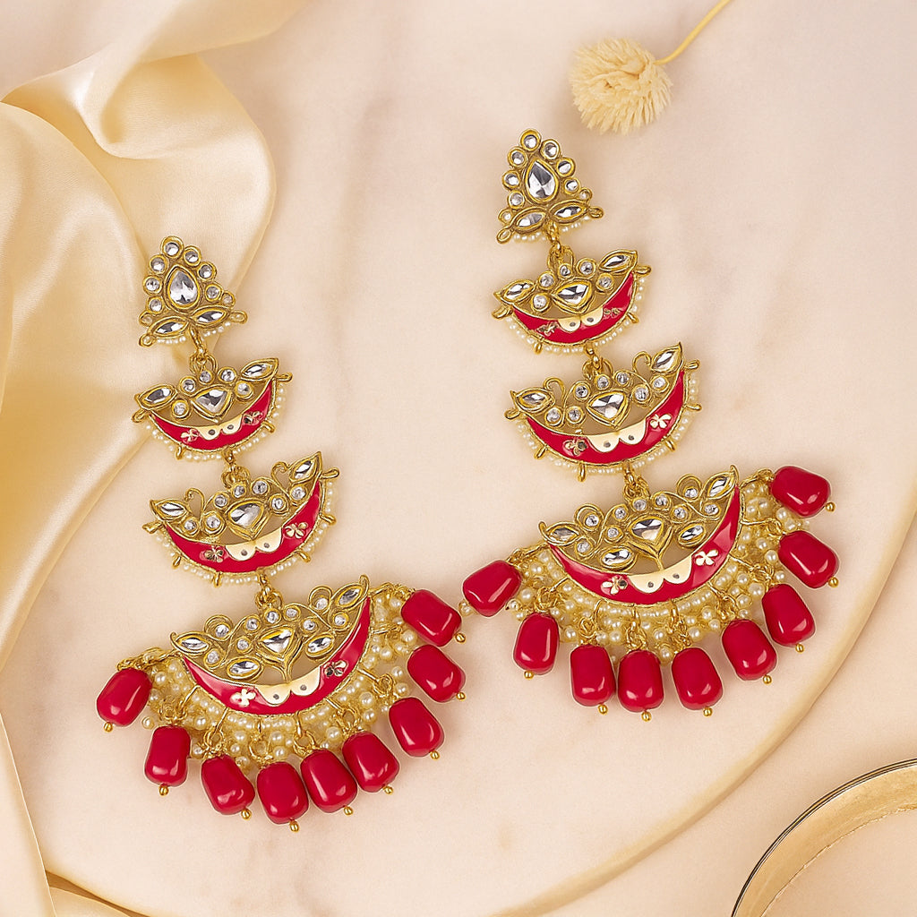 Gold Plated Red Chandbali Drop Earrings