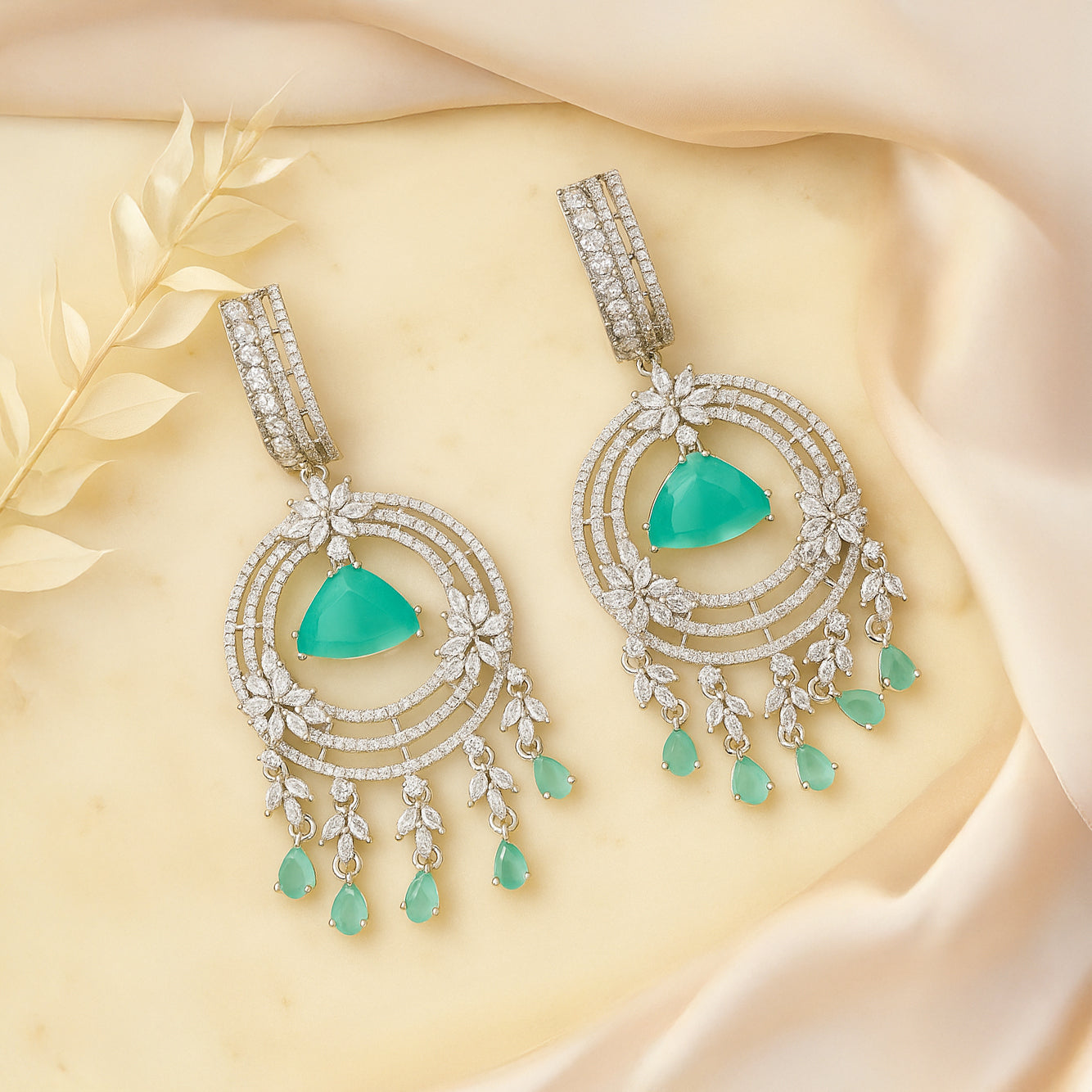 Elegance Mint Green and White Gems Earrings