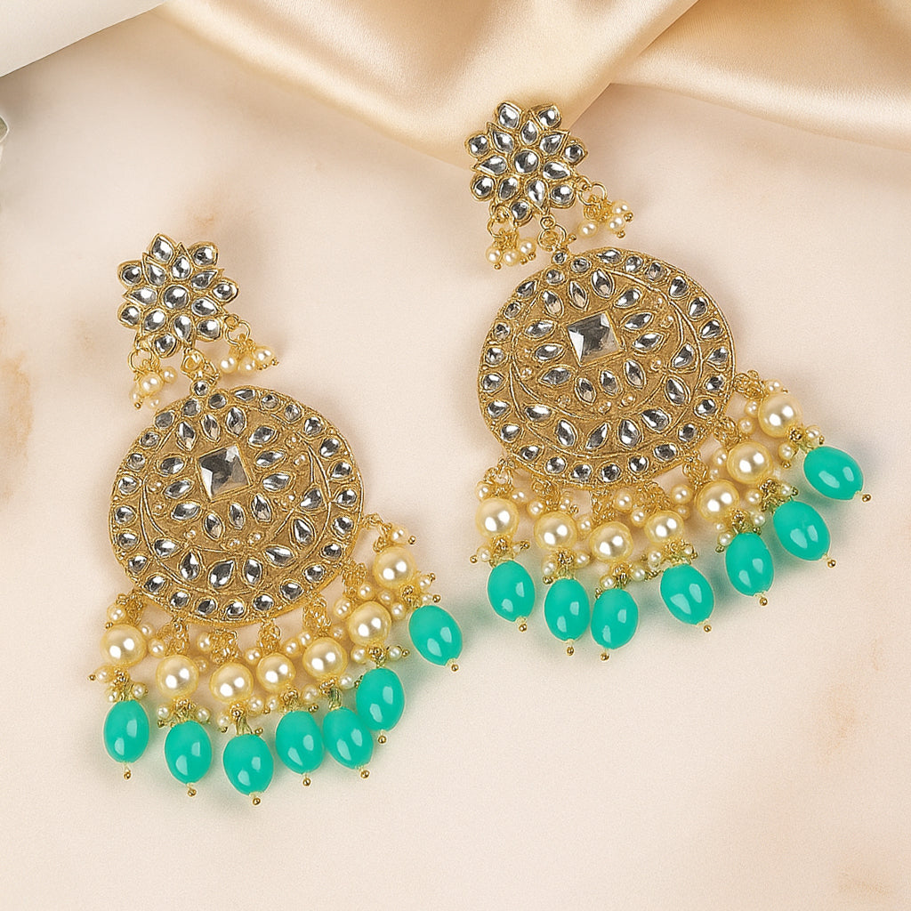 Gold Plated Traditional Sky Blue Kundan & Pearl Earring